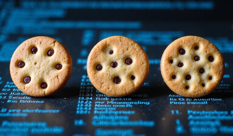 Różne rodzaje plików cookie symbolizujące ich funkcje: jeden dla analityki, jeden dla personalizacji i jeden dla reklam, ułożone na tle cyfrowych danych.