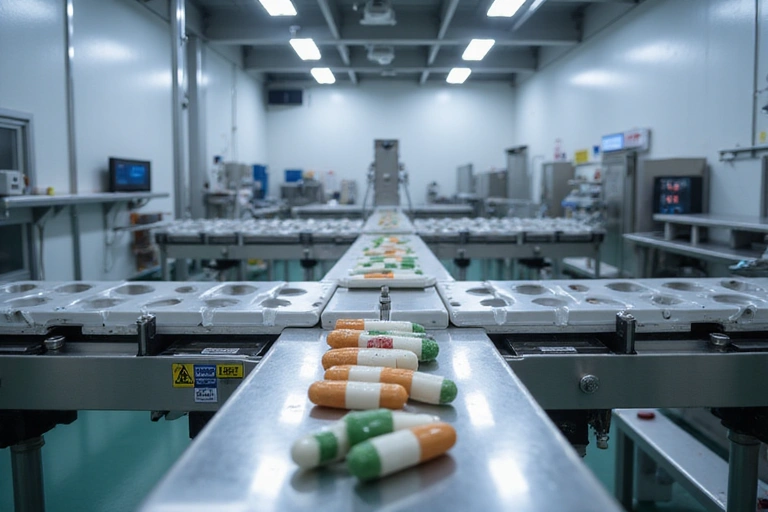 Linia produkcyjna suplementów diety w nowoczesnej, sterylnej fabryce.