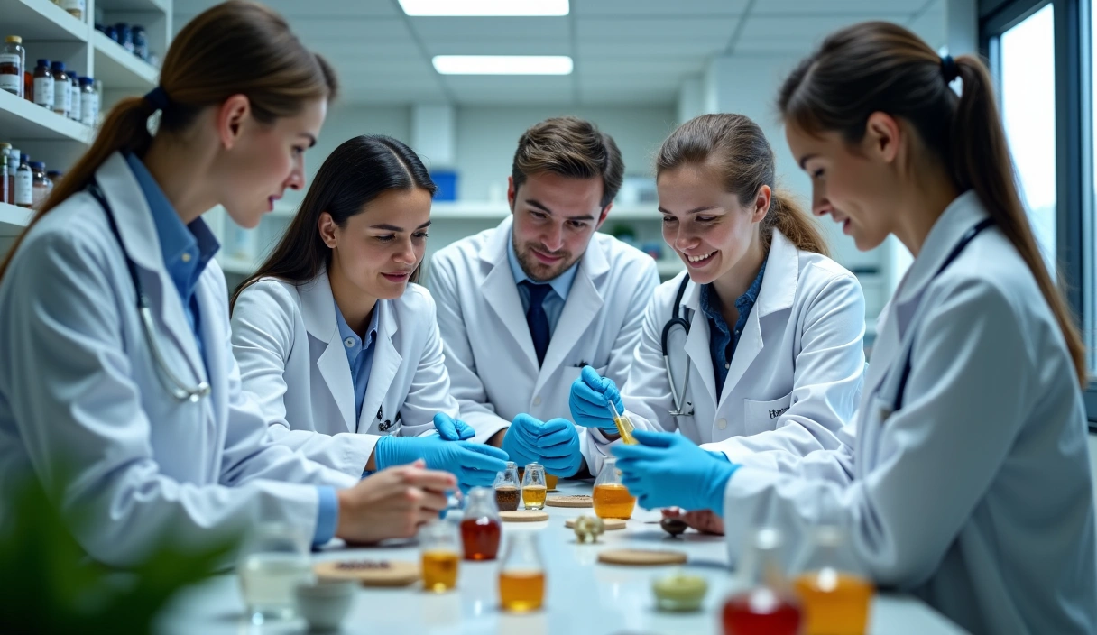 Zespół Glucorownowagac pracujący z naturalnymi składnikami w laboratorium, symbolizujący zaufanie i etykę.
